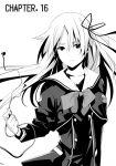  1girl black_dress breasts chaos;child chapter_cover chapter_number chest_bow collarbone cropped_jacket dress greyscale hair_ribbon hekiho_academy_school_uniform highres holding_earbud kurusu_nono long_hair medium_breasts monochrome official_art re_lucy ribbon sad sailor_collar school_emblem school_uniform science_adventure white_sailor_collar 