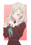  1girl absurdres aqua_neckerchief blue_eyes border breasts brown_dress ceras_yanagida_lilienfeld commentary_request dress gradient_background grey_hair hair_ribbon hasu_no_sora_school_uniform highres kara_iroha long_sleeves looking_at_viewer love_live! love_live!_hasu_no_sora_jogakuin_school_idol_club medium_breasts neckerchief open_mouth outside_border peanut_mouth pink_ribbon red_background ribbon sailor_collar sailor_dress school_uniform simple_background single_hair_intake solo steepled_fingers sweatdrop upper_body virtual_youtuber white_border white_sailor_collar winter_uniform 