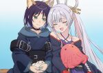  2girls animal animal_ears asada7101 bare_shoulders black_choker blue_background blue_hair blue_hoodie blue_nails blush cho_kaguya-hime! choker closed_eyes collarbone commentary forehead_jewel fox_ears fox_tail fushi_(cho_kaguya-hime!) gradient_background green_eyes hair_ornament hair_rings hair_stick highres holding holding_animal hood hoodie leaning_on_person long_hair long_sleeves looking_at_another multicolored_hair multiple_girls purple_hair runami_yachiyo sakayori_iroha short_hair side-by-side smile tail twintails two-tone_hair 