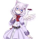  1girl animal_ear_fluff animal_ears asagi501 belt black_belt blue_eyes bow bowtie breasts buttons cat_ears cat_girl closed_mouth collared_dress commentary_request double-breasted double-parted_bangs dress feathered_wings finger_to_mouth glasses hair_between_eyes hair_ornament hand_up highres karin-chan_(seflen) light_smile long_sleeves looking_at_viewer medium_dress medium_hair multicolored_dress original pink_dress purple_dress rectangular_eyewear red-framed_eyewear red_bow red_bowtie red_ribbon ribbon semi-rimless_eyewear simple_background small_breasts solo split_mouth tail tail_ornament tail_ribbon under-rim_eyewear upper_body vrchat white_background white_dress white_hair white_wings wings x_hair_ornament 