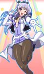  1girl :d ;d black_pantyhose blue_eyes blush breasts center_opening choker cleavage commentary_request dress elbow_gloves foreshortening gloves headphones headset high_heels highres leg_up long_hair looking_at_viewer mahou_senshi_symphonic_knights medium_breasts one_eye_closed open_clothes open_mouth outline outstretched_arm panties panties_under_pantyhose pantyhose pantyshot puffy_sleeves purple_eyes purple_hair shoes small_breasts smile solo standing standing_on_one_leg star_(symbol) symphonic_sugar thighs underwear v white_gloves white_panties zefilansas 