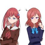  2girls absurdres arm_across_waist blue_bow blue_bowtie blue_eyes blue_sweater bow bowtie brown_dress closed_mouth collared_shirt color_connection commentary crossed_arms diagonal-striped_bow diagonal-striped_bowtie diagonal-striped_clothes dress frown hair_color_connection hand_in_own_hair hasu_no_sora_school_uniform highres holding_own_hair in-franchise_crossover kinjo_maika long_hair long_sleeves love_live! love_live!_hasu_no_sora_jogakuin_school_idol_club love_live!_school_idol_project medium_hair multiple_girls neckerchief nishikino_maki otonokizaka_school_uniform purple_eyes raised_inner_eyebrows red_neckerchief sailor_collar sailor_dress school_uniform shirt simple_background split_mouth squiggle striped_bow striped_bowtie striped_clothes sweater syoma_(1026syoma) trait_connection white_background white_sailor_collar white_shirt winter_uniform 