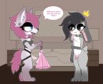 animal_dildo animal_ears animal_sex_toy anthro arctic_fox bed bed_sheet bedding bedroom big_tail black_choker black_collar black_hair black_jewelry black_necklace blush blush_lines canid canine choker clothed clothing collar colored content_the_bunny crossdressing crown dialogue digital_drawing_(artwork) digital_media_(artwork) dildo dominant dominant_female dress duo embarrassed english_text equine_dildo eyelashes facial_markings female female_dominating_male feminization floppy_ears fluffy fluffy_tail fox furniture genitals hair head_markings headgear hi_res holding_clothing holding_object interspecies jewelry lagomorph lamp leporid long_hair looking_at_another lop_ears male male/female mammal markings melody_bun_maku melody_maku necklace nightstand nude open_mouth penis pillow pink_clothing pink_dress pink_hair rabbit rabbit_ears sex_toy short_hair smile speech_bubble standing star_symbol strapon submissive submissive_male symbol tail teasing teeth text true_fox