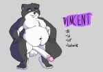 anthro balls big_balls big_penis cel_shading character_bio character_name crouching felid feline fur genitals long_penis male mammal mementomoriye moobs multicolored_body multicolored_fur no_pupils overweight overweight_male penis purple_eyes shaded simple_background solo stylized_text text thick_thighs two_tone_body two_tone_fur vincent_(mementomoriye)