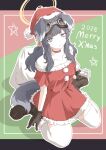  1girl 2025 absurdres alternate_costume animal_ears bare_shoulders belt black_hair blue_archive boots brown_boots brown_gloves choker christmas closed_mouth commentary dog_ears dog_girl dog_tail dress ears_down full_body fur-trimmed_boots fur-trimmed_dress fur_trim gloves goggles goggles_on_head grey_eyes hair_bobbles hair_ornament halo hariyaa hat hibiki_(blue_archive) highres holding holding_sack light_blush long_hair looking_at_viewer low_twintails merry_christmas off-shoulder_dress off_shoulder outline pom_pom_(clothes) red_dress sack santa_costume santa_hat shadow short_sleeves sitting smile solo star_(symbol) tail thighhighs twintails wariza white_outline white_thighhighs 