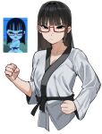  1girl absurdres badasengsu belt black_belt black_eyes black_hair blunt_bangs clenched_hands dougi highres hime_cut hollow_eyes karate karate_gi long_hair martial_arts_belt mole mole_under_mouth original red-framed_eyewear reference_inset white_background white_dougi 