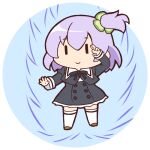  1girl assault_lily black_skirt blue_background border brown_shoes chibi chibi_only closed_mouth clover commentary_request cropped_jacket four-leaf_clover full_body hands_up high-waist_skirt hitotsuyanagi_riri juliet_sleeves long_sleeves looking_at_viewer lowres masaki_itsuki miniskirt official_alternate_hair_color one_side_up open_hand puffy_sleeves round_border salute school_uniform shoes short_hair simple_background skirt smile solo standing thighhighs transparent_background two-finger_salute white_thighhighs yurigaoka_girls_academy_school_uniform zettai_ryouiki |_| 