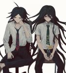  2boys ahoge bangs black_hair black_pants breast_pocket chair cheek_rest commentary_request danganronpa/zero danganronpa_(series) danganronpa_2:_goodbye_despair flower green_neckwear grey_shirt highres hinata_hajime holding holding_pen iumi_urura kamukura_izuru long_hair matsuda_yasuke medium_hair multiple_boys necktie pants pen pocket red_eyes red_neckwear shirt shirt_half_tucked_in simple_background sitting spoilers very_long_hair white_background white_flower yellow_flower 