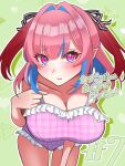  blush breasts cleavage closed_mouth commentary_request demon_girl highres kanan-sama_wa_akumade_choroi kanan_(kanan-sama) large_breasts looking_at_viewer multicolored_hair one-piece_swimsuit pink_eyes pink_hair pointy_ears ribbon short_hair simple_background slit_pupils striped_ribbon swimsuit two-tone_hair uchihara 