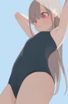  1girl armpits arms_behind_head blue_background blue_one-piece_swimsuit blush covered_navel flat_chest grey_hair highres hiroki_(yyqw7151) long_hair one-piece_swimsuit orange_eyes original simple_background solo swimsuit thighs 