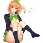  1girl black_jacket black_socks blue_eyes blush bow bowtie breasts c: closed_mouth clover collared_shirt commentary dress_shirt eyes_visible_through_hair floating_hair foot_out_of_frame four-leaf_clover go-toubun_no_hanayome green_bow green_bowtie green_hairband green_ribbon green_skirt hair_between_eyes hair_ribbon hairband highres hugging_own_legs j@ckall jacket kneehighs knees_up large_breasts legs long_sleeves medium_hair miniskirt nakano_yotsuba no_shoes open_clothes open_jacket orange_hair own_hands_together panties panty_peek plaid_bow plaid_bowtie plaid_clothes pleated_skirt ribbon shirt simple_background sitting skirt smile socks soles solo split_mouth sweater_vest thighs underwear white_background white_panties white_shirt yellow_sweater_vest 