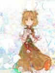  1girl armor armored_dress blonde_hair blush bow brown_dress commentary cracked_skin double_bun dress flower hair_bow hair_bun highres joutouguu_mayumi open_mouth puffy_short_sleeves puffy_sleeves red_ribbon ribbon shirt short_hair short_sleeves solo standing touhou uwazumi white_background white_bow white_shirt yellow_eyes 