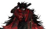  1boy arm_up black_hair cape cloak covered_mouth english_commentary final_fantasy final_fantasy_vii final_fantasy_vii_rebirth final_fantasy_vii_remake fui_(fui29493452) gauntlets gun handgun headband highres holding holding_gun holding_weapon long_hair looking_at_viewer male_focus red_cape red_cloak red_eyes red_headband single_gauntlet solo spiked_hair straight-on upper_body vincent_valentine weapon white_background 