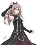  1girl :d \||/ arm_up armpits artist_name asagi501 bare_shoulders belt black_gloves black_jacket black_pants black_ribbon breasts brown_belt cleavage cleavage_cutout clothing_cutout collared_jacket commentary_request elbow_gloves eydis_(sao) fingerless_gloves gloves hair_between_eyes hair_ribbon hand_up high_collar jacket long_hair looking_at_viewer medium_breasts messy_hair open_mouth pants ponytail red_eyes ribbon simple_background sleeveless sleeveless_jacket smile solo sword_art_online sword_art_online:_alicization sword_art_online:_unleashed_blading twitter_username watermark white_background white_trim 