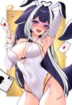  1girl absurdres ace_(playing_card) ace_of_clubs ace_of_diamonds ace_of_hearts ahoge animal_ears arm_behind_head armpits black_bow black_bowtie body_markings bow bowtie breasts card cleavage club_(shape) collar commentary corrupted_twitter_file detached_collar diamond_(shape) english_commentary fake_animal_ears fingernails gileanne heart heart_ahoge highleg highleg_leotard highres holding holding_card indie_virtual_youtuber large_breasts leotard long_hair looking_at_viewer multicolored_hair nail_polish official_alternate_costume open_mouth playing_card purple_eyes purple_hair purple_nails rabbit_ears shylily shylily_(casino_bunny) solo strapless strapless_leotard streaked_hair symbol_in_eye tail teeth upper_teeth_only very_long_hair virtual_youtuber white_collar white_leotard white_streaks white_wrist_cuffs wrist_cuffs 