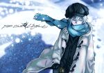  1boy black_cardigan black_gloves black_hat black_pants blue_scarf cardigan closed_eyes coat commentary duffel_coat english_text gloves hat long_sleeves male_focus newsboy_cap nu_punxxxz open_clothes open_coat original pants scarf snowing solo untranslatable_commentary wallet_chain white_coat white_hair 