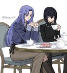  2girls artist_name black_boots black_hair black_shirt blue_hair blue_jacket boots chair closed_eyes closed_mouth collared_jacket commentary_request cup elbow_rest fate/stay_night fate_(series) food grey_skirt holding holding_cup interlocked_fingers jacket jewelry kuonji_alice lace-up_boots long_hair long_sleeves looking_down macaron mahou_tsukai_no_yoru medea_(caster)_(fate) medea_(casual_wear)_(fate) medea_(fate) multiple_girls necklace on_chair open_clothes open_jacket own_hands_together parted_lips pitcher_(container) plate round_table saucer shintyoi2 shirt short_hair signature simple_background sitting skirt spoon table tea teacup teapot turtleneck turtleneck_shirt twitter_username type-moon white_background 