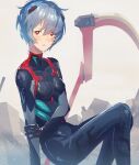  1girl absurdres ayanami_rei black_bodysuit blue_hair bodysuit breasts commentary_request evangelion:_3.0_you_can_(not)_redo feet_out_of_frame grey_background hajikkoneko highres interface_headset light_particles looking_at_viewer medium_breasts neon_genesis_evangelion parted_lips plugsuit rebuild_of_evangelion red_eyes rubble scythe short_hair skin_tight solo 