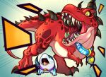  artist_logo artist_name character_name collar devil_dinosaur devioka00 dinosaur dinosaur_tail english_commentary fangs fins fish_tail heart_pendant highres horns jeff_the_land_shark logo looking_to_the_side marvel marvel_rivals name_tag notice_lines red_scales roaring shark shark_tail spiked_tail tail watermark 