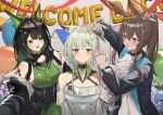  3girls absurdres alter_sang amiya_(arknights) animal_ears arknights ascot black_coat black_hair blue_eyes breasts brown_hair cat_ears cat_girl cleavage coat commentary_request decorations dress green_dress green_eyes green_hair hair_ornament hairclip highres jewelry kal'tsit_(arknights) large_breasts long_hair material_growth mon3tr_(arknights) multicolored_hair multiple_girls multiple_rings oripathy_lesion_(arknights) rabbit_ears rabbit_girl ring short_hair smile two-tone_hair very_long_hair white_ascot white_dress 