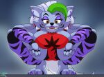animatronic anthro armwear big_breasts black_nose bottomwear breasts camel_toe canid canine canis cheek_tuft clothed clothing colored_nails crouching ear_piercing eyelashes eyeshadow facial_markings facial_tuft female five_nights_at_freddy's five_nights_at_freddy's:_security_breach front_view genital_outline green_highlights grey_body hair head_markings hi_res highlights_(coloring) huge_breasts legwear lipstick looking_at_viewer machine makeup mammal markings nails pattern_armwear pattern_clothing pattern_legwear piercing purple_armwear purple_clothing purple_eyeshadow purple_legwear purple_lipstick purple_nails red_bottomwear red_clothing red_topwear robot roxanne_wolf scottgames sharp_teeth smile solo steel_wool_studios striped_armwear striped_clothing striped_legwear stripes teeth thick_thighs topwear toughtips tuft vulva_outline white_hair wide_hips wolf yellow_eyes