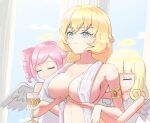  3girls angel angel_wings aphrodite_(shuumatsu_no_valkyrie) aphrodite_(shuumatsu_no_valkyrie)_(cosplay) blonde_hair blue_eyes blush breast_hold breasts cleavage closed_eyes closed_mouth collarbone cosplay covered_nipples cup drill_hair drinking_glass eyebrows_visible_through_hair halo highres jashin-chan_dropkick large_breasts lchiyoshi lierre long_hair md5_mismatch meme multiple_girls no_bra pillar pink_hair pino_(jashin-chan_dropkick) poporon_(jashin-chan_dropkick) resolution_mismatch servants_holding_aphrodite&#039;s_breasts_(meme) shiny shiny_hair short_hair shuumatsu_no_valkyrie sky source_smaller wine_glass wings yuri 