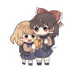  2girls :d alternate_costume bag black_bag blonde_hair bow brown_eyes brown_hair cardigan cellphone chibi chibi_only collared_shirt commentary_request frilled_bow frilled_hair_tubes frills full_body grey_skirt hair_bow hair_tubes hakurei_reimu height_difference highres holding holding_phone kirisame_marisa long_hair multi-source_commentary multiple_girls open_mouth phone pleated_skirt red_bow shirt simple_background skirt smartphone smile touhou twitter_username uzuki_(amayadori) white_background white_shirt yellow_cardigan 