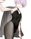  1boy arm_up armpits black_leotard black_pantyhose bulge collar collarbone commentary covered_navel cowboy_shot crossdressing crossdressing_(mtf) detached_sleeves dot_nose from_side grey_jacket hair_between_eyes highres jacket jacket_on_shoulders leotard looking_at_viewer male_focus male_playboy_bunny one_eye_closed open_mouth orange_eyes original pantyhose playboy_bunny purple_hair purple_hair_boy_(sunaba_(nczd5875)) short_hair simple_background solo sunaba_(nczd5875) tongue trap white_background white_collar white_wrist_cuffs wrist_cuffs 