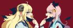  2girls absurdres airani_iofifteen airani_iofifteen_(artist) bandaid bandaid_on_neck bangs blonde_hair bow detached_wings earrings eyebrows_visible_through_hair fangs from_side hair_bow highres hololive hololive_indonesia horns jewelry looking_at_viewer looking_to_the_side mask_pull mixed-language_commentary multiple_girls multiple_rings official_art open_mouth pink_eyes pink_hair profile purple_eyes red_background reward_available ring sheep_girl sheep_horns sideways_glance simple_background smile tongue tsunomaki_watame upper_teeth vampire vampire_(vocaloid) virtual_youtuber wings 