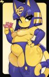 animal_crossing ankha_(animal_crossing) anthro areola biped blue_clothing blue_hair breasts clothed clothing domestic_cat felid feline felis female garter_belt garter_straps hair hi_res krokobyaka legwear mammal nintendo nipples slightly_chubby solo squish stockings thick_thighs thigh_highs thigh_squish yellow_body
