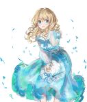  1girl :d absurdres alternate_costume blonde_hair blue_dress blue_eyes blue_ribbon blush collarbone dress floating_clothes hand_in_own_hair hat hat_ribbon highres holding holding_unworn_clothes holding_unworn_hat leaning_forward long_dress long_hair long_sleeves maribel_hearn mob_cap neck_ribbon one-hour_drawing_challenge open_mouth petals puffy_long_sleeves puffy_sleeves ribbon smile solo standing strap touhou unworn_hat unworn_headwear uwazumi white_background white_hat 