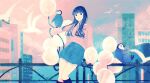  1girl aqua_skirt balloon bangs bird black_eyes black_hair blunt_bangs blush building chromatic_aberration feet_out_of_frame long_hair long_sleeves looking_at_viewer original outdoors penguin pink_sweater skirt smile solo sweater tabisumika white_bird 