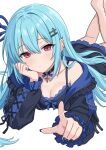  1girl aqua_hair black_camisole black_collar black_jacket black_skirt blue_bow blue_ribbon bow bow_camisole breasts camisole cleavage closed_mouth collar commentary_request cross cross-laced_clothes cross-laced_sleeves cross_earrings cross_hair_ornament dot_nose double-parted_bangs ear_piercing earrings elbow_rest expressionless feet_out_of_frame fingernails foreshortening frilled_jacket frills hair_ornament hair_ribbon hair_spread_out hairclip hand_rest highres index_finger_raised jacket jewelry kotonoha_aoi lace-trimmed_camisole lace_trim large_breasts legs_up long_hair long_sleeves looking_at_viewer lying mazical007 miniskirt multicolored_jacket nail_art nail_polish on_stomach open_clothes open_jacket piercing pink_eyes pointing pointing_at_viewer ribbon simple_background skirt solo spaghetti_strap spike_piercing straight_hair two-tone_jacket voiceroid white_background 