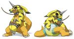 2014 ageplay animal_skin anthro bandai_namco bdsm bodily_fluids bondage bound bracelet claws clothed clothing collar crackajackin cuff_(restraint) diaper digimon digimon_(species) digital_media_(artwork) fan_character gabumon gag gagged genital_fluids hands_tied infantilism jewelry leash multiple_scenes muzzle_(object) muzzled pacifier pacifier_gag pacifier_muzzle_gag restraints roleplay scalie simple_background sitting solo spiked_bracelet spikes standing taloc toe_claws unclean_diaper urine used_diaper wearing_diaper wet_diaper white_background wrist_cuffs yellow_body