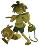  1boy arm_up bag black_hair blue_shorts butterfly_net crossed_bangs double-parted_bangs fanny_pack full_body hair_between_eyes hand_net highres holding holding_bag holding_butterfly_net kieran_(pokemon) magainu male_focus open_mouth pokemon pokemon_(creature) pokemon_scarlet_and_violet sandals sentret shorts simple_background tank_top white_background white_tank_top yellow_eyes 