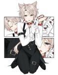  1boy absurdres ahoge animal_ears arm_strap ascot bishounen black_pants black_vest blonde_hair blush brown_eyes collar commentary_request dog_boy dog_ears gloves hair_between_eyes highres holding_own_leash long_sleeves looking_at_viewer male_focus mogumogumi original pants red_collar shirt thigh_strap tongue tongue_out vest white_ascot white_gloves white_shirt 