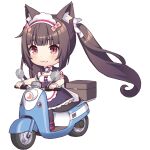  1girl :3 animal_ear_fluff animal_ears animated animated_gif apron black_bow black_dress black_thighhighs blush bow bowtie box brown_eyes brown_hair buttons cat_ears cat_girl chocola_(nekopara) closed_mouth dress driving hair_bow heart_button long_hair looking_ahead maid maid_apron maid_headdress moped motor_vehicle nekopara nekopara_sekai_connect pale_skin pink_bow pink_bowtie pink_shoes ribbon riding sayori_(neko_works) shoes short_dress smile thighhighs transparent_background twintails white_apron white_bow wrist_cuffs 