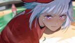  1girl baseball_cap blue_hair blurry blurry_background blush crying crying_with_eyes_open hat headwear_removed isshiki_(ffmania7) lize_helesta nijisanji parted_lips purple_eyes red_hair red_headwear short_hair silver_hair sketch solo_focus tears virtual_youtuber 