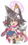  1girl :d absurdres animal_ear_fluff animal_ears asymmetrical_legwear black_gloves blue_archive blue_sailor_collar blue_skirt blush_stickers brown_hair brown_shoes cherry_blossom_print chibi chibi_only commentary double_fox_shadow_puppet extra_ears eyelashes eyeshadow fang fishnet_thighhighs fishnets floral_print floral_print_kimono fox_ears fox_girl fox_hair_ornament fox_shadow_puppet fox_tail full_body gloves hair_between_eyes hair_intakes hair_ornament halo hand_up happy highres holding holding_kunai holding_weapon izuna_(blue_archive) japanese_clothes kimono kunai loafers long_sleeves looking_at_viewer makeup medium_hair miniskirt neckerchief one_side_up open_mouth outstretched_arm partially_fingerless_gloves pink_eyeshadow pink_halo pink_kimono pink_neckerchief pleated_skirt pom_pom_(clothes) pom_pom_hair_ornament print_kimono sailor_collar school_uniform serafuku shirt shoes simple_background single_thighhigh skin_fang skirt sleeveless sleeveless_shirt smile solo standing standing_on_one_leg tail thighhighs tomonx weapon white_background white_shirt wide_sleeves yellow_eyes 
