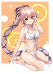  1girl bare_arms bare_legs bare_shoulders barefoot bikini breasts cleavage collarbone eyebrows_visible_through_hair hair_between_eyes highres kantai_collection long_hair medium_breasts minosu navel open_mouth pink_hair ponytail solo swimsuit white_bikini yellow_eyes yura_(kancolle) 