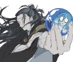  black_hair black_kimono commentary_request highres japanese_clothes jujutsu_kaisen kenjaku kimono korean_commentary long_hair lotusroot0 mahito_(jujutsu_kaisen) male_focus piercing plug_(piercing) scar simple_background smile solo stitched_face stitched_forehead stitches 