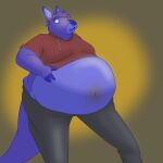1:1 accessory anthro belly belly_inflation berry_juice beverage big_belly biped blue_body blue_fur blueberry_inflation blueberry_juice clothed clothing exposed_belly fur headband hi_res hoodie inflation juice_(beverage) juice_from_mouth kangaroo keller_kangaroo macropod male mammal marsupial monterrang moobs navel solo standing surprised topwear wide_eyed