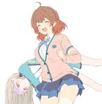  2girls ^_^ aqua_jacket aqua_shorts blonde_hair blue_ribbon blue_skirt blush cardigan carrying carrying_person closed_eyes collared_shirt commentary_request gakuen_idolmaster gradient_hair hanami_ume hatsuboshi_gakuen_school_uniform highres idolmaster jacket long_hair medium_hair miniskirt multicolored_hair multiple_girls neck_ribbon nervous_smile nervous_sweating open_mouth orange_eyes pink_cardigan pleated_skirt ribbon sakana_(flame_sakana) school_uniform shinosawa_hiro shirt shorts simple_background skirt smile sweat track_jacket white_background white_shirt 