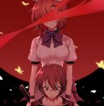  1boy 1girl absurdres arms_at_sides behind_another beret black_wrist_cuffs blunt_ends bob_cut book bow bowtie breasts brown_hair bug butterfly chen_yan commentary covered_eyes cowboy_shot dress film_grain frown hair_between_eyes hat highres higurashi_no_naku_koro_ni holding holding_weapon large_breasts looking_down maebara_keiichi medium_hair open_book open_mouth orange_hair parted_lips portrait puffy_short_sleeves puffy_sleeves purple_bow purple_bowtie reading red_background ryuuguu_rena short_hair short_sleeves simple_background sweatdrop v-shaped_eyebrows weapon white_dress white_hat wrist_cuffs yellow_butterfly 