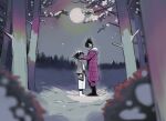  2boys absurdres alternate_costume bare_tree black_hair blush boots coat cold danganronpa_(series) danganronpa_v3:_killing_harmony earmuffs english_commentary facial_hair flipped_hair from_side full_body full_moon goatee hair_between_eyes hands_on_another's_cheeks hands_on_another's_face height_difference highres japanese_clothes kimono long_sleeves male_focus medium_hair miri_(bossu_osu) mittens momota_kaito moon multiple_boys oma_kokichi open_mouth outdoors pants profile purple_coat purple_facial_hair purple_hair scenery short_hair snow snowing spiked_hair standing tree winter yaoi yukata 