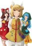  3girls :d absurdres apron arm_ribbon armor armored_dress ascot blonde_hair blue_hair bow brown_hair closed_eyes detached_sleeves double_bun dress frilled_bow frilled_hair_tubes frilled_skirt frills green_apron green_headscarf hair_bow hair_bun hair_tubes hakurei_reimu haniyasushin_keiki headscarf highres holding holding_paintbrush jewelry joutouguu_mayumi long_hair magatama magatama_necklace multiple_girls necklace nimo_(nimofumo) open_mouth own_hands_together paint_splatter paintbrush palms_together paw_print paw_print_pattern puffy_short_sleeves puffy_sleeves red_bow red_eyes red_skirt ribbon ribbon-trimmed_sleeves ribbon_trim short_sleeves single_strap skirt skirt_set smile tools touhou white_ribbon yellow_ascot yellow_dress yellow_eyes 