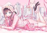  1girl absurdres angel_wings antique_phone blazer blue_eyes bow box brown_hair candy commentary crossed_ankles dress fishnet_pantyhose fishnets food food_in_mouth footwear_bow frilled_hairband frills fruit full_body gift gift_box hair_rings hairband heart heart-shaped_food heart-shaped_lollipop heart_pockets high_heels highres holding holding_phone jacket jewelry kfr2_2 leg_ribbon legs_up lolita_hairband lollipop lollipop_in_mouth long_sleeves looking_at_viewer lying necklace on_stomach original pantyhose paper_heart pencil_skirt phone pink_bow pink_dress pink_nails rabbit ribbon ring rotary_phone shaped_lollipop sidelocks skirt solo strawberry streamers talking_on_phone the_pose untranslatable_commentary white_ribbon wings 