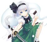  1girl bangs black_bow black_footwear black_hairband black_neckwear blue_eyes bow bowtie closed_mouth eyebrows_visible_through_hair flower ghost green_skirt green_vest hairband holding holding_sword holding_weapon katana konpaku_youmu konpaku_youmu_(ghost) looking_at_viewer pink_flower puffy_short_sleeves puffy_sleeves sheath shirt shizuki_uru short_hair short_sleeves simple_background skirt skirt_set smile socks solo sword touhou vest weapon white_background white_hair white_legwear white_shirt 