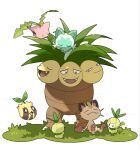  brown_eyes closed_eyes closed_mouth commentary_request exeggutor fangs grass highres hoppip leaf looking_down looking_to_the_side muru_zatta no_humans on_head petilil pokemon pokemon_(creature) pokemon_focus pokemon_on_head sideways_glance sitting smile sprigatito sprout sprout_on_head sunkern u_u white_background 
