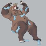  2021 anthro armpit_hair bear blush body_hair brown_body brown_fur brown_hair brown_nipples disembodied_hand eyes_closed feet fur grey_background hair hand_on_belly hi_res male mammal minedoo minedoo_(character) nipples open_mouth overweight overweight_male simple_background solo white_body white_fur 